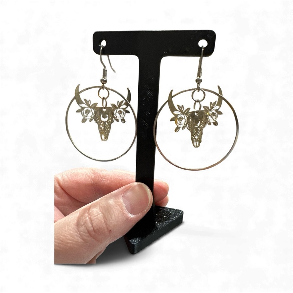 Silver Bull Skull Hoop Earrings